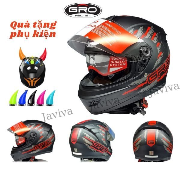 (Tặng kèm sừng) Mũ bảo hiểm có hàm fullface GRO ST26 chính hãng nón bảo hiểm chuyên phượt 2 kính, thời trang cho nam nữ