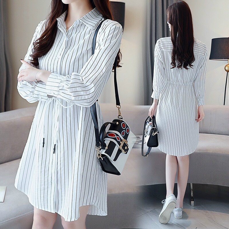 ĐẦM SỌC XÒE CỔ SƠ MI EO RÚT [SG]