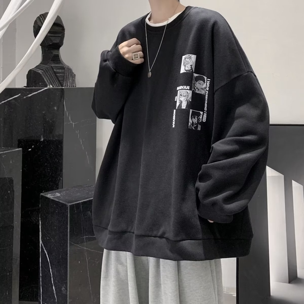 Áo Sweater Tay Dài Dáng Rộng In Hình Anime Màu Trắng Đen Thời Trang Mùa Thu Cho Nam Và Nữ