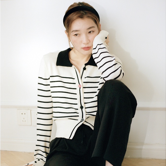 Áo cardigan ZHELIHANGFEI dệt kim cổ bẻ dài tay eo cao kẻ sọc thời trang