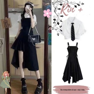 (Sẵn) Set Váy yếm kèm áo sơ mi crotop & cà vạt có bigsize