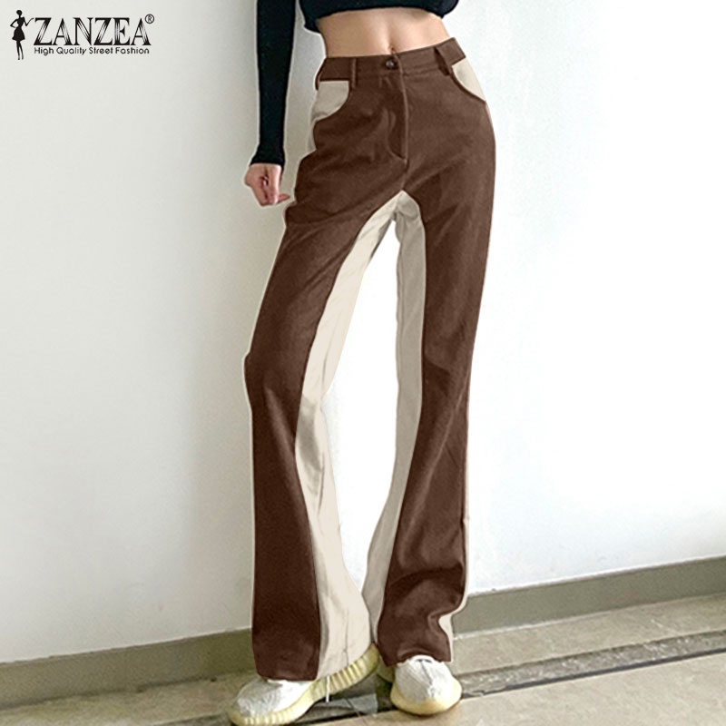 Quần dài ZANZEA vải lông cừu phối màu tương phản phong cách Hàn Quốc thời trang