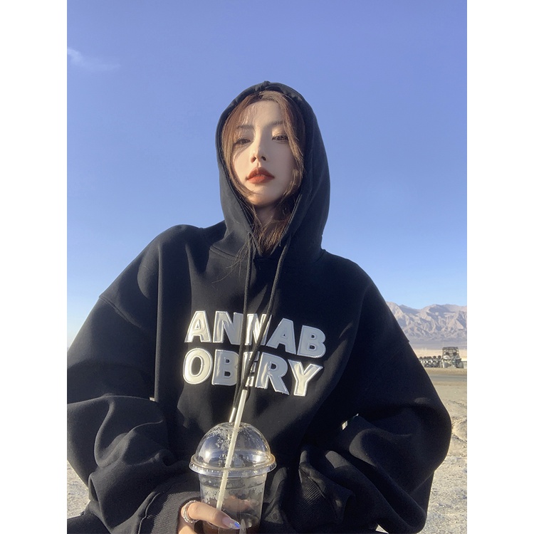 Áo Hoodie Nữ Dáng Rộng Thêu Chữ Phong Cách Hàn Quốc