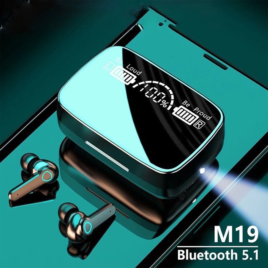 Tai Nghe Không Dây M19 Bluetooth 5.1 Chống Nước, Chống Ồn, Pin Trâu Mặt Lưng Tráng Gương Có Đèn Pin