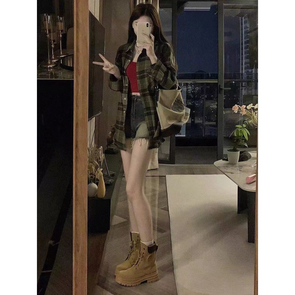 Áo sơ mi công sở nữ Áo Khoác Dáng Rộng Kẻ Sọc Caro Xanh Lá Phong Cách Mới Dễ Phối Đồ Cho Nữ Sinh