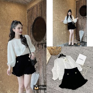 Set đồ nữ ms.1825 áo sơ mi tơ đũi phối quần nhung bèo ống xòe đính cúc ngọc