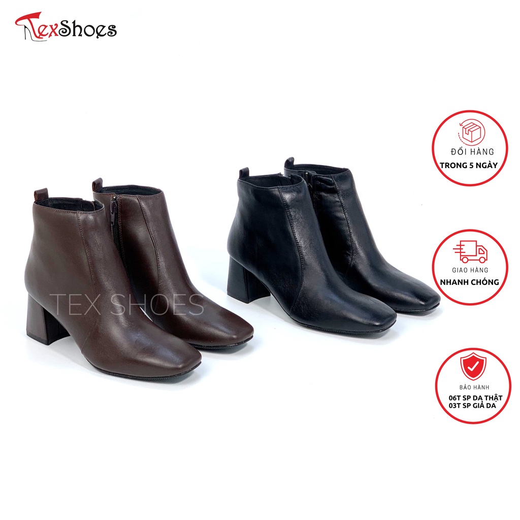 Giày bốt nữ da bò cao cấp, boot công sở mũi vuông gót trụ VNXK TEX SHOES