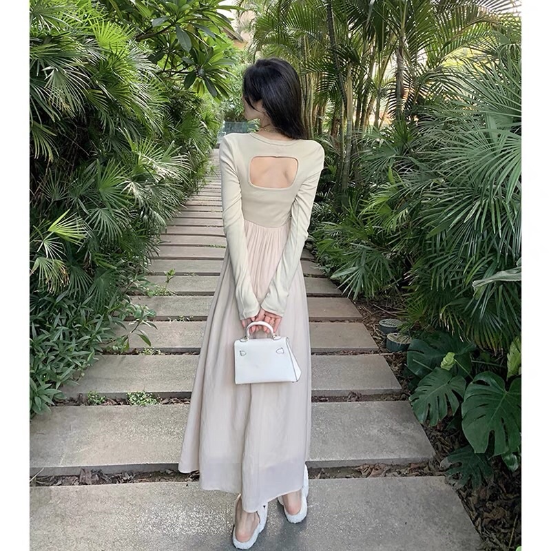 😄Váy cổ vuông tay dài , đầm thun dáng dài hở lưng bồng xòe bên dưới hàng cao cấp order Taobao