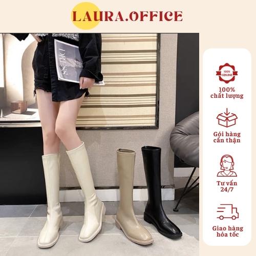 Bốt đùi cổ cao da mềm siêu xinh, Giày bốt đùi nữ da PU mềm lot nỉ dễ phối đồ MS 258