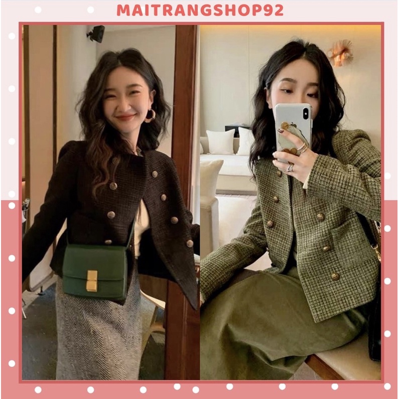 Áo dạ tweed nữ dáng ngắn tay dài khuy đồng 2 lớp, Áo khoác dạ tweed croptop Quảng Châu màu đen, xanh rêu siêu đẹp