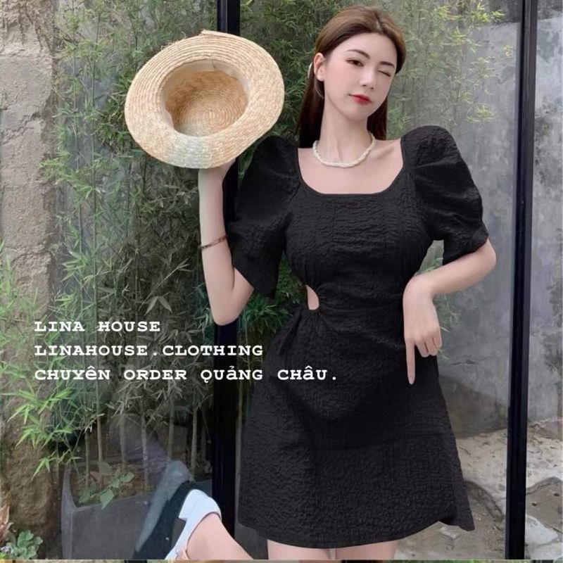 Đầm xốp tay phồng khoét eo tiểu thư bigsize