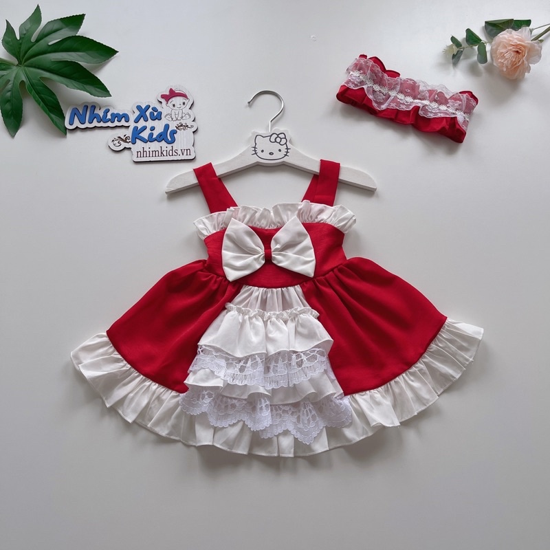 Váy Lolita 2 Dây Đỏ Bèo Tầng Bé Gái 4 Đến 28kg Chất Đũi Chun Phối Lụa [V502]