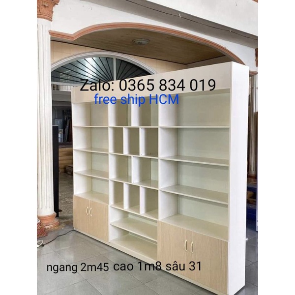 tủ kệ trưng bày sản phẩm ngang 2m45 cao 1m8 sâu 31 nhựa đài loan