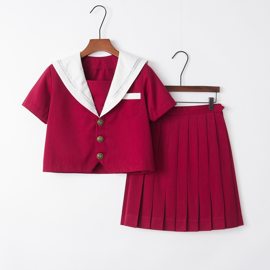Sanchi Hàng Có Sẵn Bộ Đồng Phục Học Sinh Xếp Ly Màu Đỏ jk Phong Cách Preppy Cơ Bản