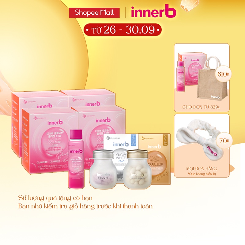 Combo thực phẩm bảo vệ sức khỏe InnerB Aqua Rich Doubleup + Innerb Snow White & 4 hộp 6 chai nước uống InnerB Glowshot