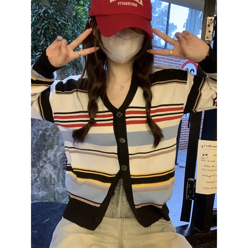 Áo khoác cardigan ZHELIHANGFEI dệt kim tay dài cổ chữ V lưng cao họa tiết kẻ sọc cầu vồng thời trang