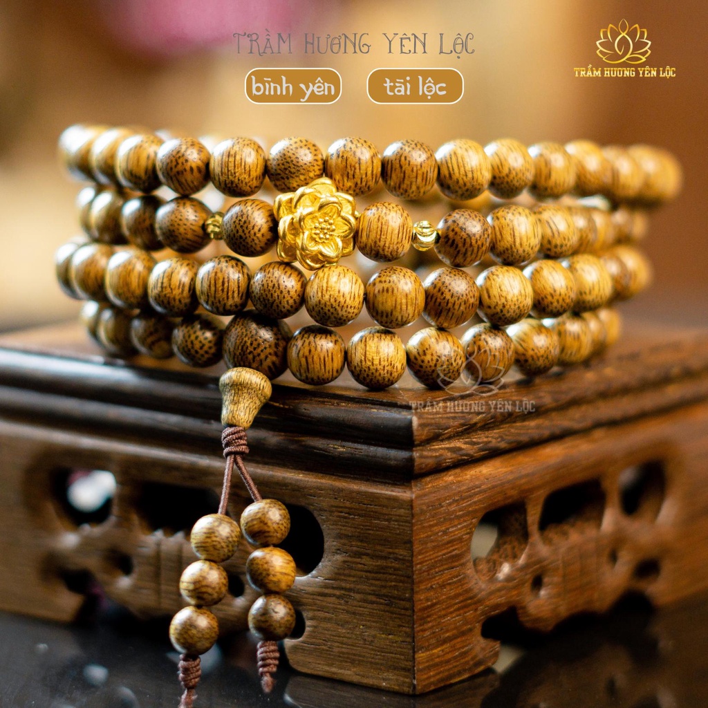 Vòng Trầm Hương Mix Charm Hoa Sen Bạc Ta Phủ Vàng 24k - Size 6mm - 8mm - Tặng hộp gấm cao cấp.