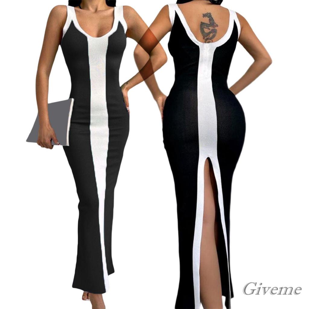 Đầm Midi Dệt Kim Sát Nách Cổ Chữ V Màu Sắc Tương Phản Thời Trang Cho Nữ