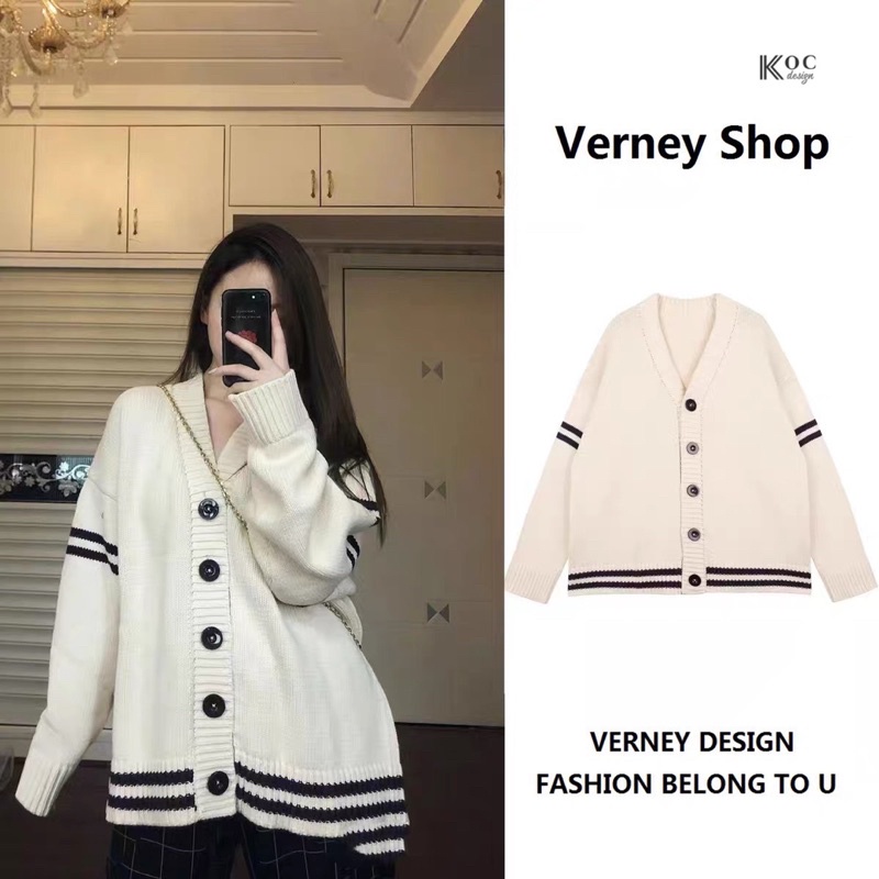 Khoát len Cardigan trắng kem phối tay sọc hot hit
