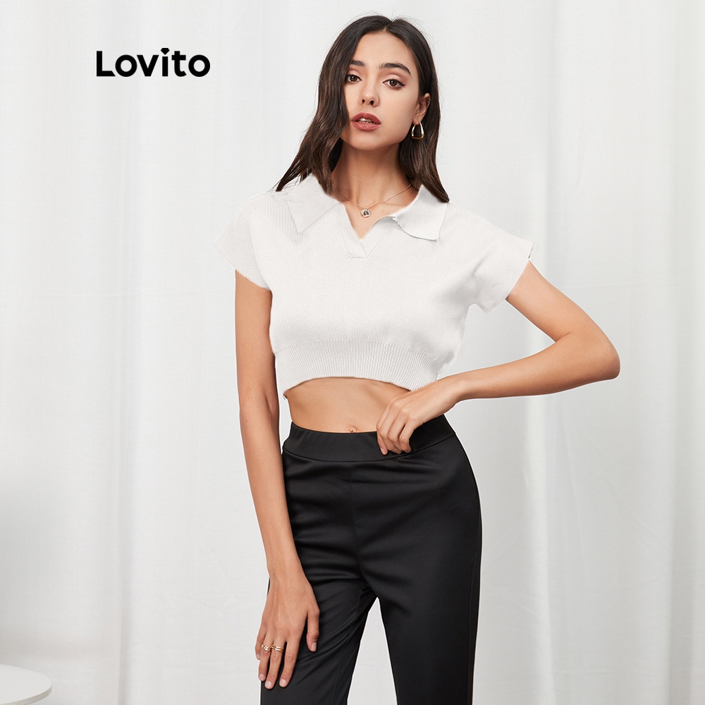 (Gợi ý từ KOL) Áo dệt kim Lovito màu trắng/kaki/màu đen thời trang đơn giản L07008