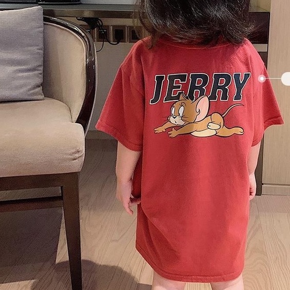 Đầm thun tay ngắn dáng rộng in họa tiết mèo và chuột dạ quang thời trang mùa hè dành cho bé gái