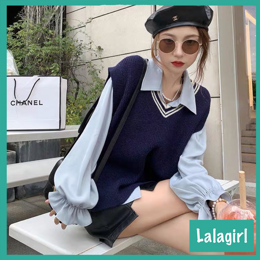 Áo Gile Len Nữ Thun Gân Cổ V Phối Viền, Gile Trơn Dáng Suông