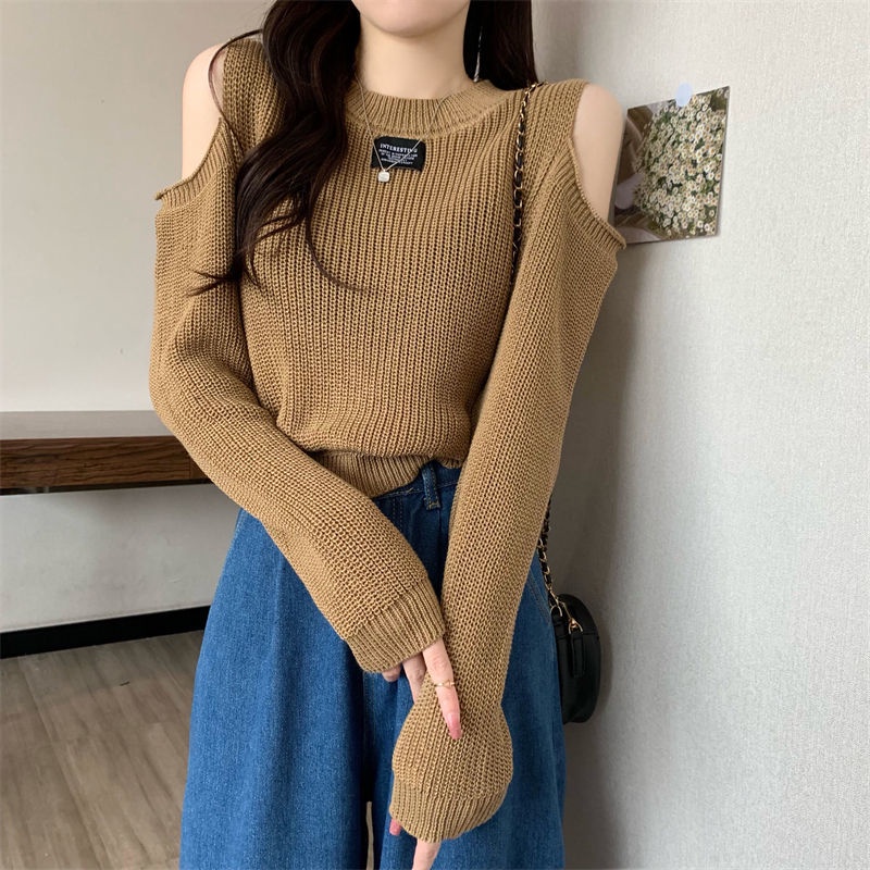 Áo sweater COZOKC dệt kim tay dài hở vai thời trang quyến rũ cho nữ