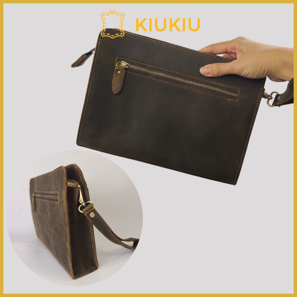 Túi clutch vuông da bò sáp KIU KIU nhiều ngăn có quai cầm C03