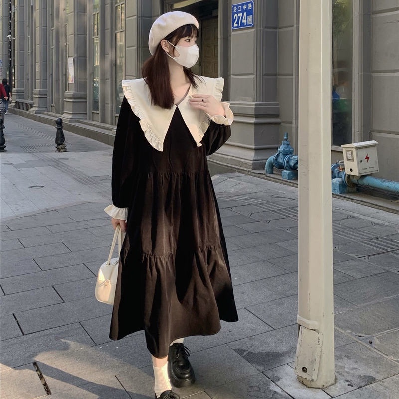 Váy babydoll Đầm Tay Dài Cổ Búp Bê Màu Sắc Tương Phản Phong Cách Hàn Quốc Ngọt Ngào Thời Trang Mùa Xuân Cho Nữ