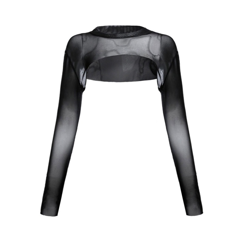 Áo Croptop Lưới Tay Dài Cổ Tròn Có Vòng Kim Loại Mỏng Phong Cách Harajuku Cho Nữ