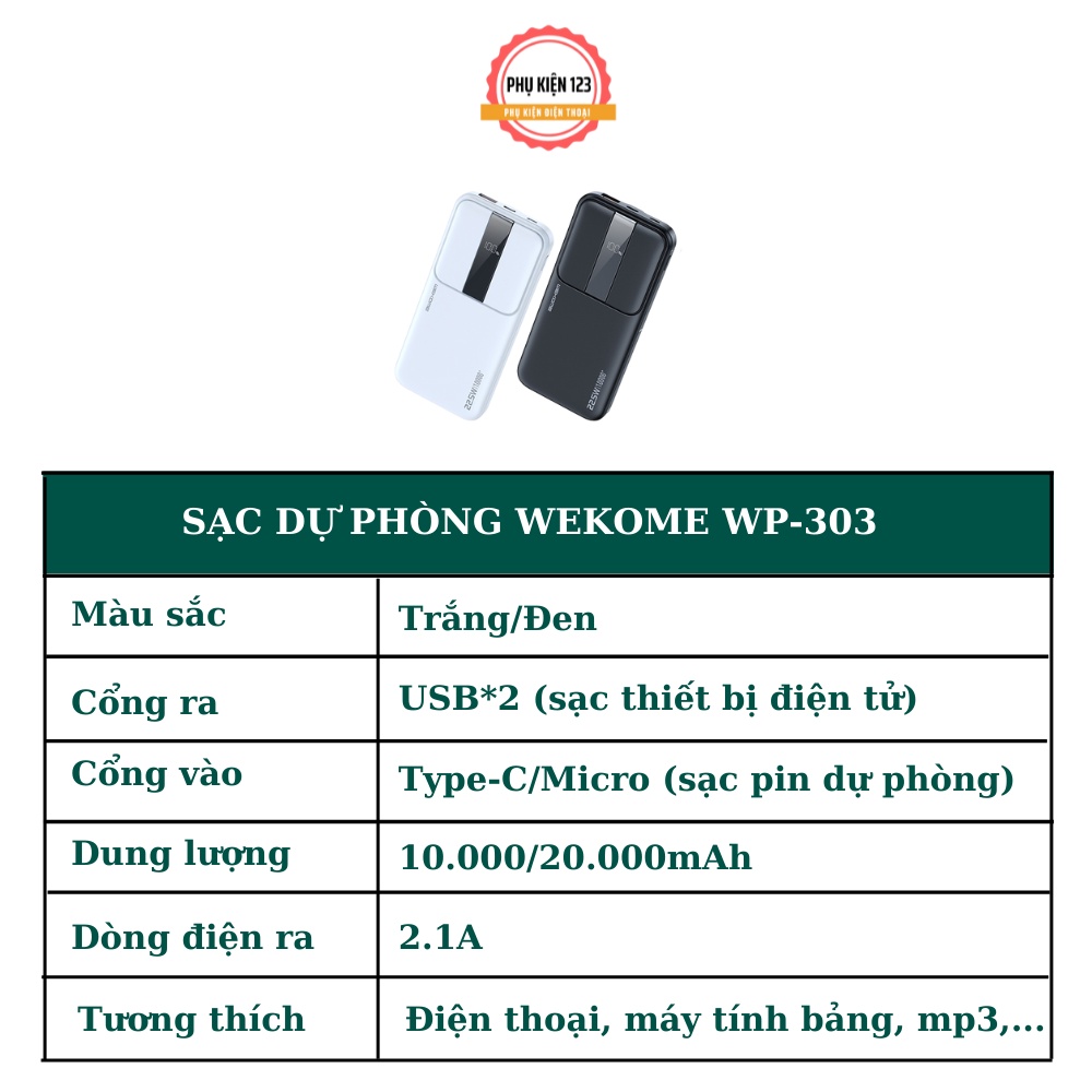 Sạc dự phòng WEKOME WP301-303 dung lượng pin 10000mah,20000mah hỗ trợ sạc nhanh 22.5w thiết kế nhỏ gọn pin tích điện