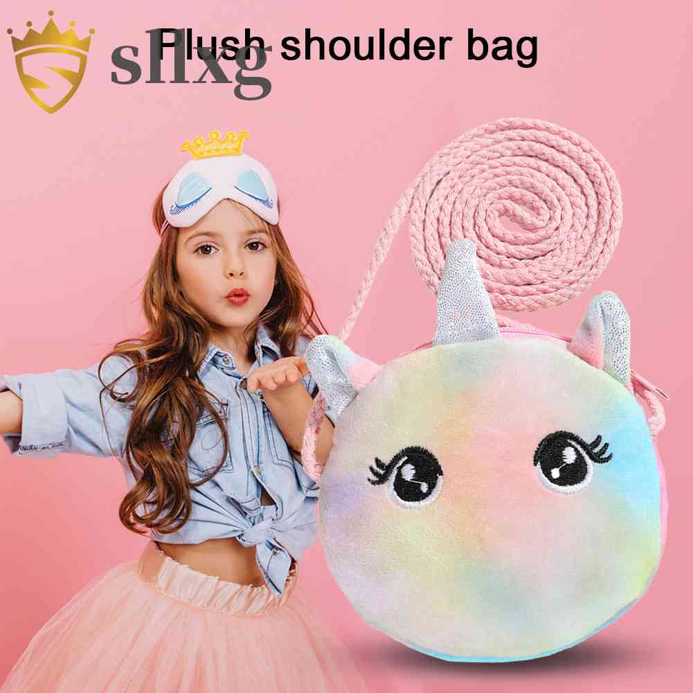 Túi Đeo Chéo Hình Tròn Mini Kiểu Hoạt Hình Bằng Vải Lông Có Khóa Kéo Cho Bé Gái