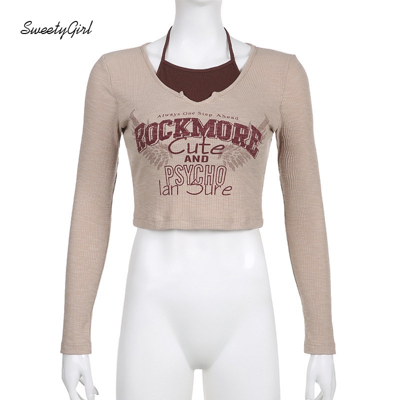 Áo Thun Tay Dài Dáng Ôm In Chữ Phối Màu Tương Phản Thời Trang 2022 Cho Nữ