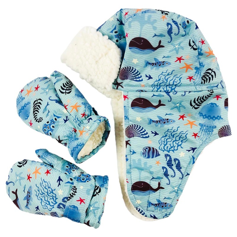 Set Đồ Mùa Đông 2 Món Gồm Mũ Và Găng Tay Phủ Lông Chống Nước In Họa Tiết Thú Hoạt Hình Giữ Ấm Cho Bé