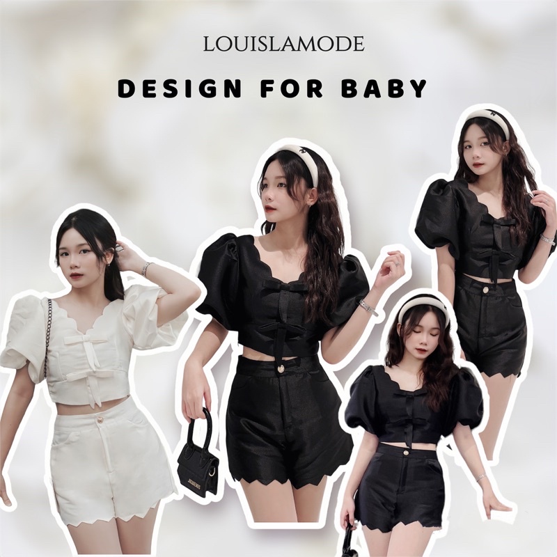 ( ẢNH CHÍNH CHỦ )Set Tafta Croptop Nơ Ngực Quần Viền Sóng