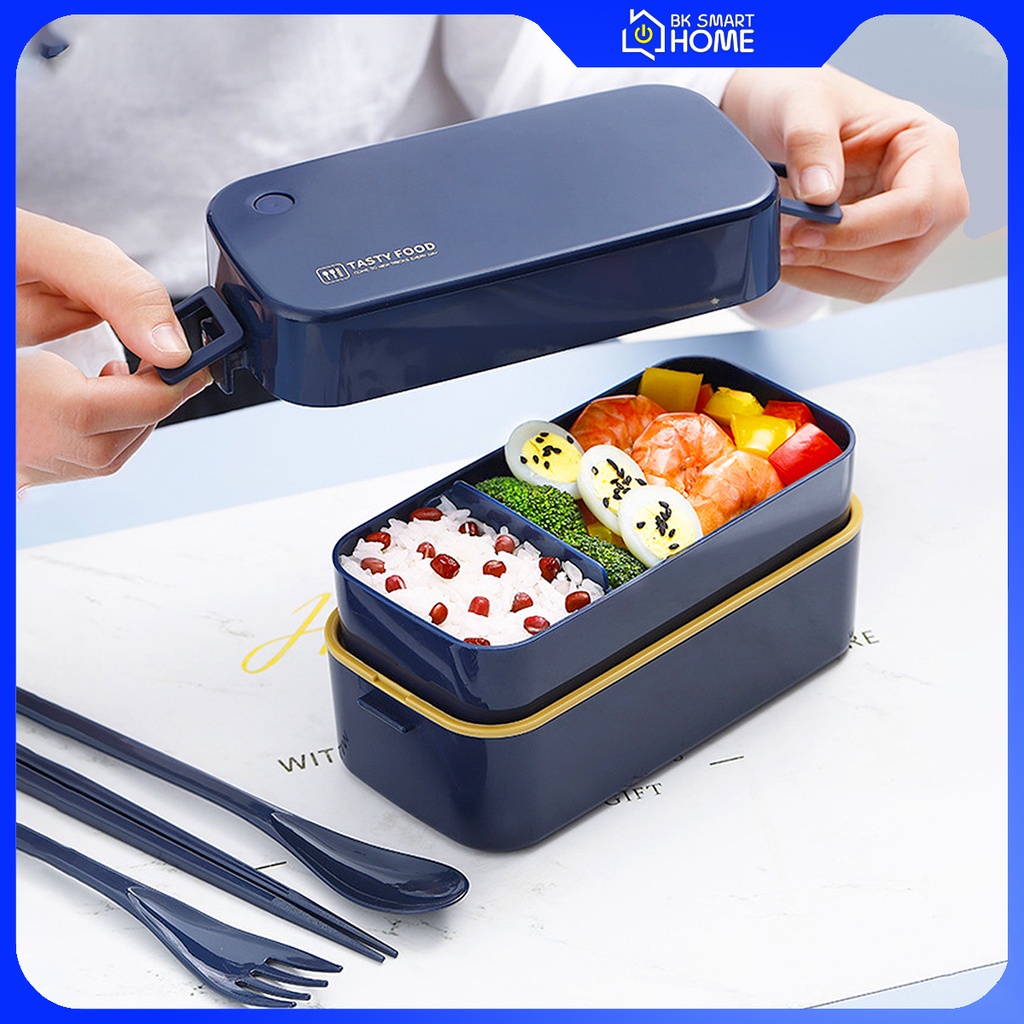 Hộp đựng cơm văn phòng 2 ngăn cao cấp combo muỗng đũa và hộp đựng canh chống chảy nước loại tốt