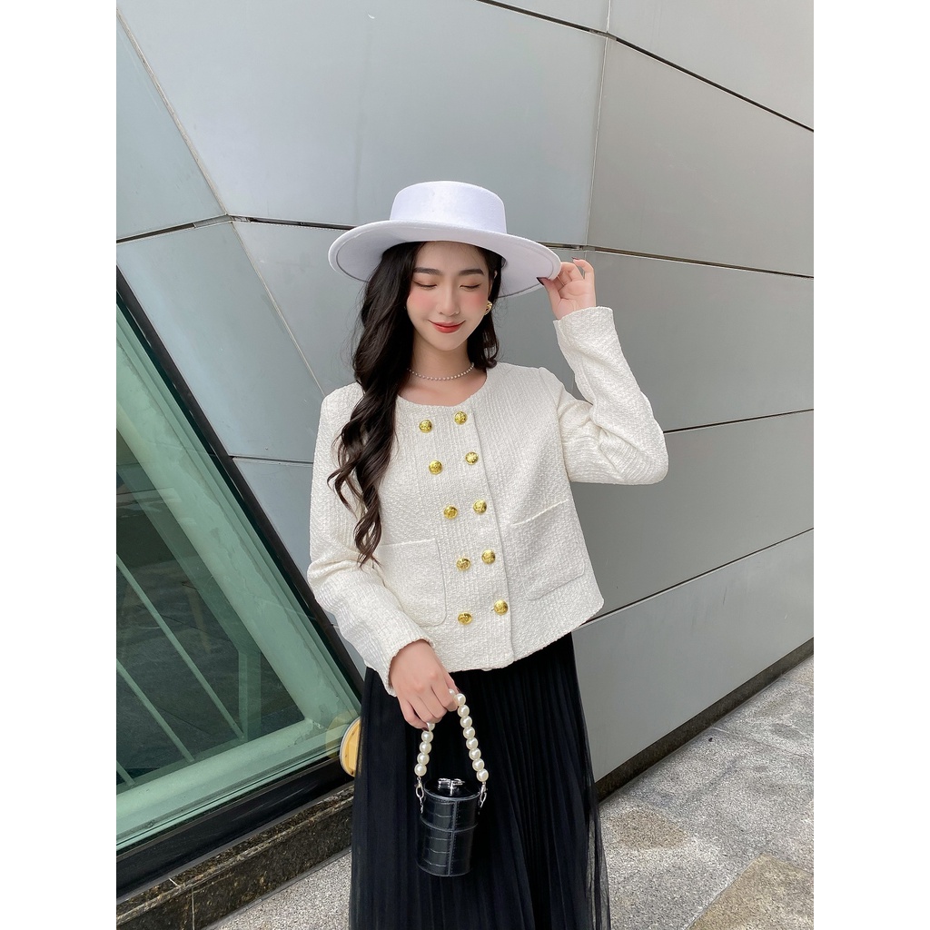 Áo khoác dạ tweed cúc giả kim LYRA, dạ wool cao cấp kiểu cổ điển, sang chảnh-VSYAK0095
