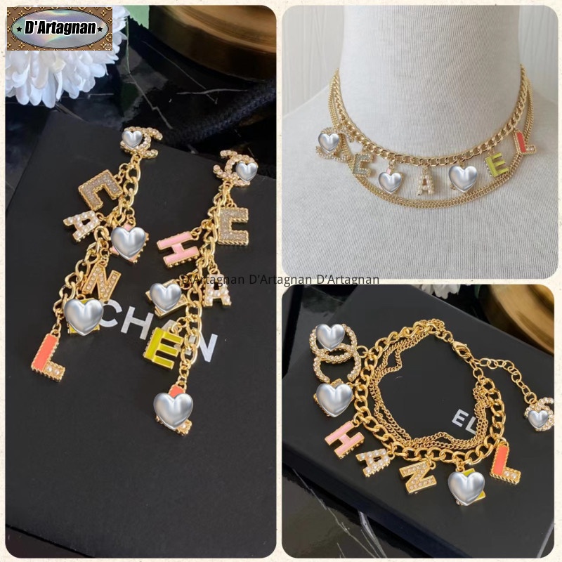 'Boutique Spot'CC đầy màu sắc logo ba lớp vòng cổ choker vòng đeo tay thả thả dài bông tai đặt chất lượng cao hàn quốc 2022 mới tái tạo thanh lịch retro thời trang không phai 925 kim bạc cho phụ nữ A245/B225/B283