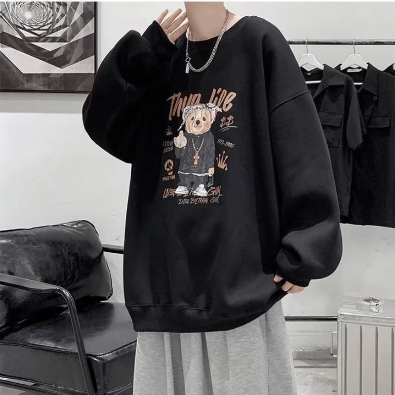 Áo Nỉ Tay Dài In Họa Tiết Hoạt Hình Phong Cách Hip Hop Đường Phố Hàn Quốc Cỡ M-5XL Dành Cho Nam