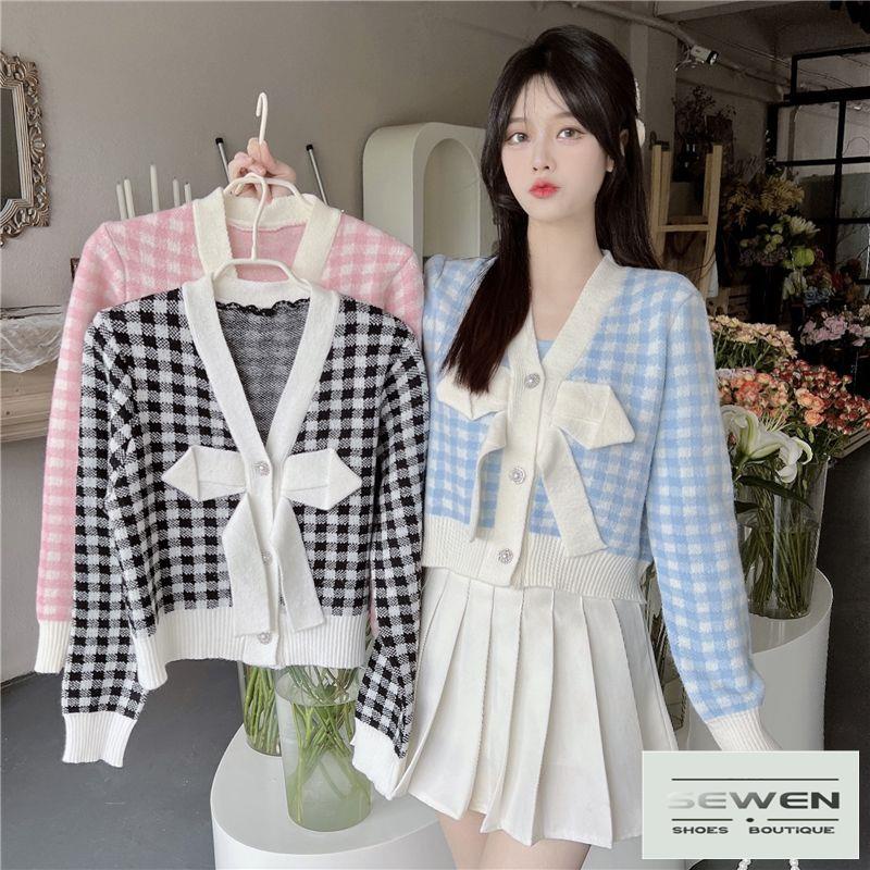~ Áo Khoác Cardigan Dệt Kim Tay Dài Dáng Ngắn Thắt Nơ Màu Trắng Đen Dễ Phối Đồ Cho Nữ