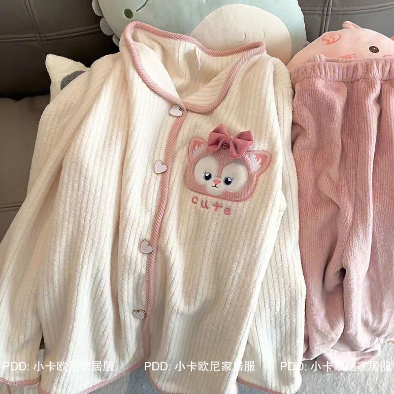 Đồ Ngủ Lông Cừu San Hô. Bộ Đồ Ngủ Lông Cừu San Hô Phối Nhung Dày In Hoạt Hình Dễ Thương Thời Trang Thu Đông Cho Bạn Gái