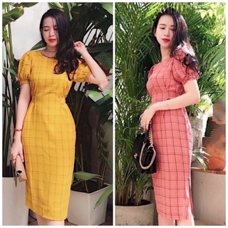 Đầm midi, váy body hoạ tiết kẻ ô cột eo 2 màu (kèm hình thật)