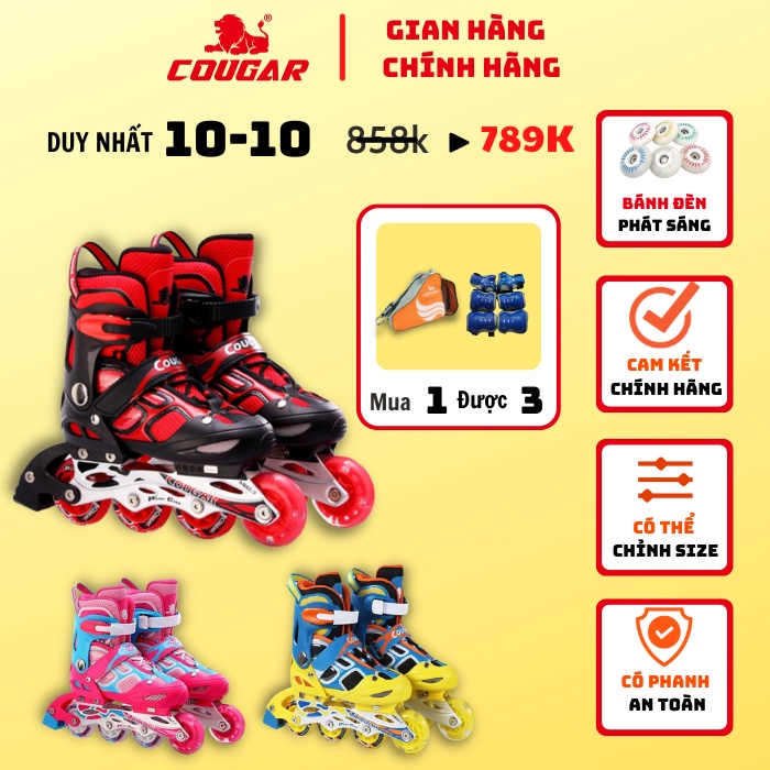 Giày Patin Trẻ Em Cougar 835LSG Chính Hãng, Có Bánh Đèn Phát Sáng, kèm bảo hộ tay chân