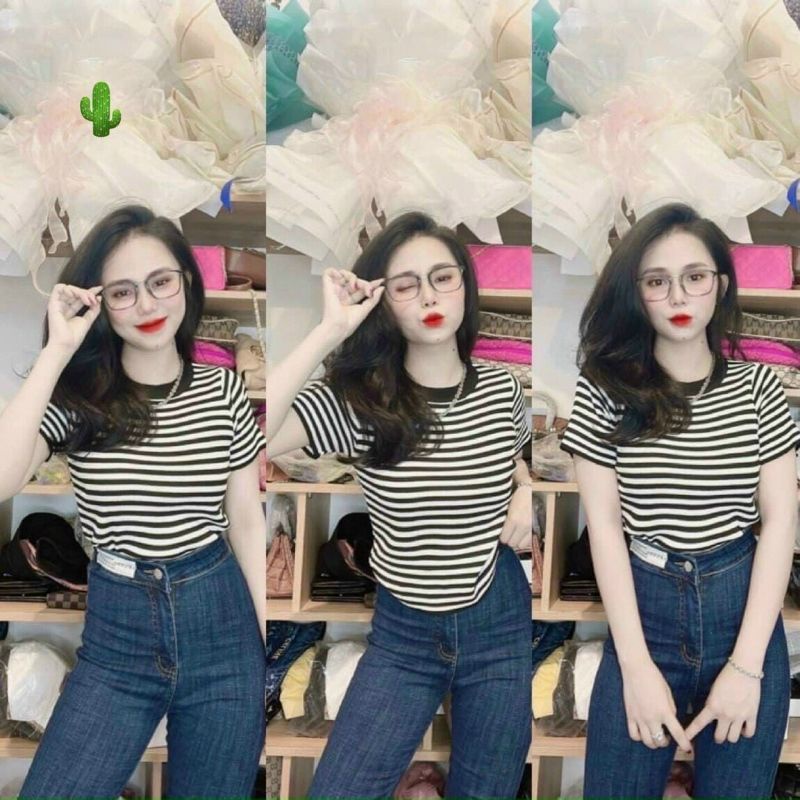 Áo kiểu croptop cổ bẻ sọc ngang cực hot , chất thun coton mềm mịn