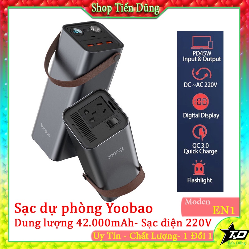 Bộ Sạc Dự Phòng 46200mAh Yoobao EN1 Sạc nhanh 45W PD3.0 & QC3.0 Có Dòng Ra 220V Dùng Cho Cả Máy Tính Đèn Pin Led Sáng