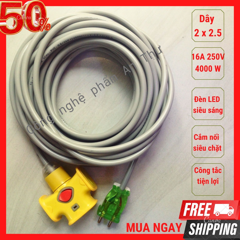 Bộ 5 Mét Dây Điện Tròn 2x2.5, Kèm Phích Đúc, Ổ Cắm Có Công Tắc Và Đèn LED An Toàn, Tiện Lợi, Chống Vỡ