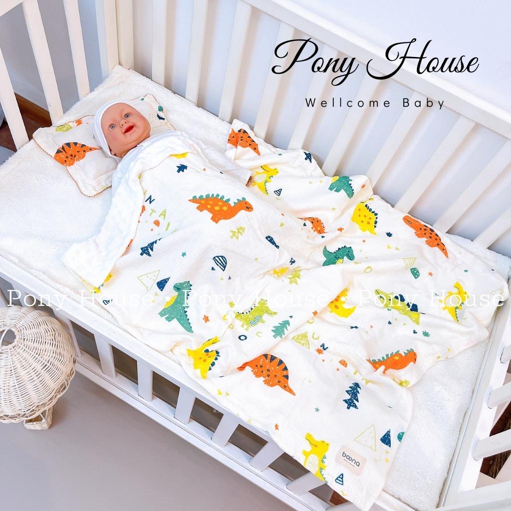 Chăn Nhung Boona Xô Muslin Kết Hợp Vải Nhung Bi Siêu Mềm Ấm Áp Cho Bé Sơ Sinh KT 90*110Cm