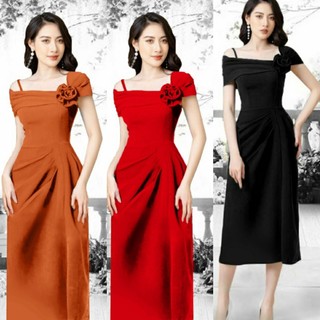 Đầm trễ vai kèm bông xếp bụng cao cấp - YB220926