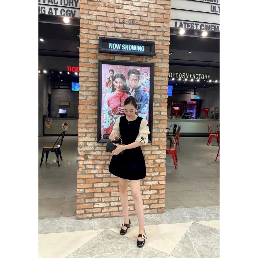 ĐẦM NHUNG PHỐI TAY VOAN ĐÍNH NƠ