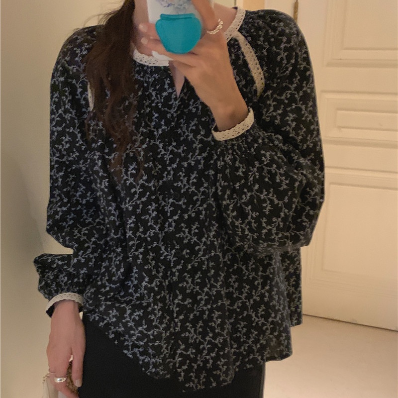 Áo sơ mi SUXI tay dài dáng rộng họa tiết hoa cổ điển phong cách Hàn Quốc thời trang dành cho nữ